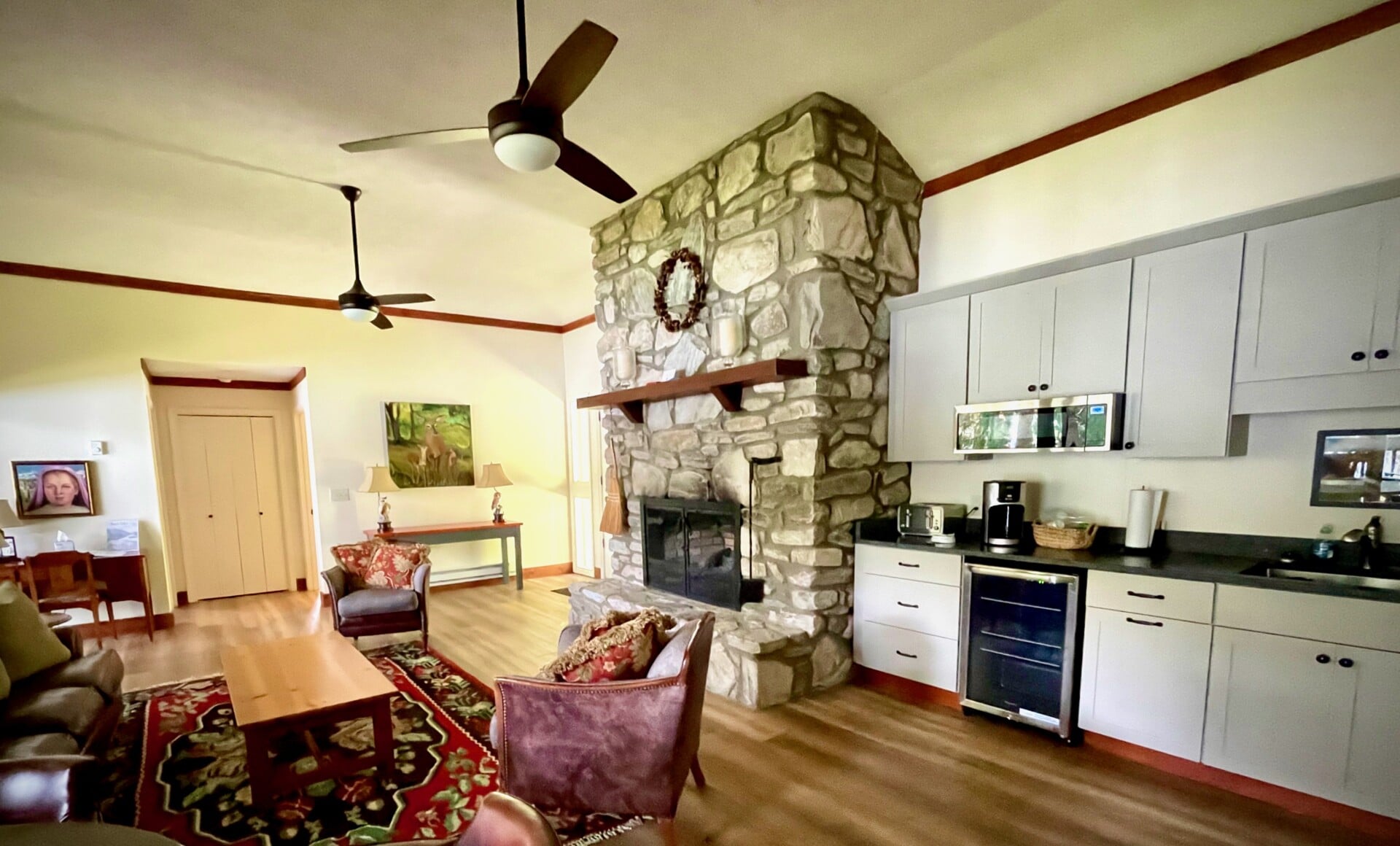 Ash rental cabin at Lake Logan fireplace